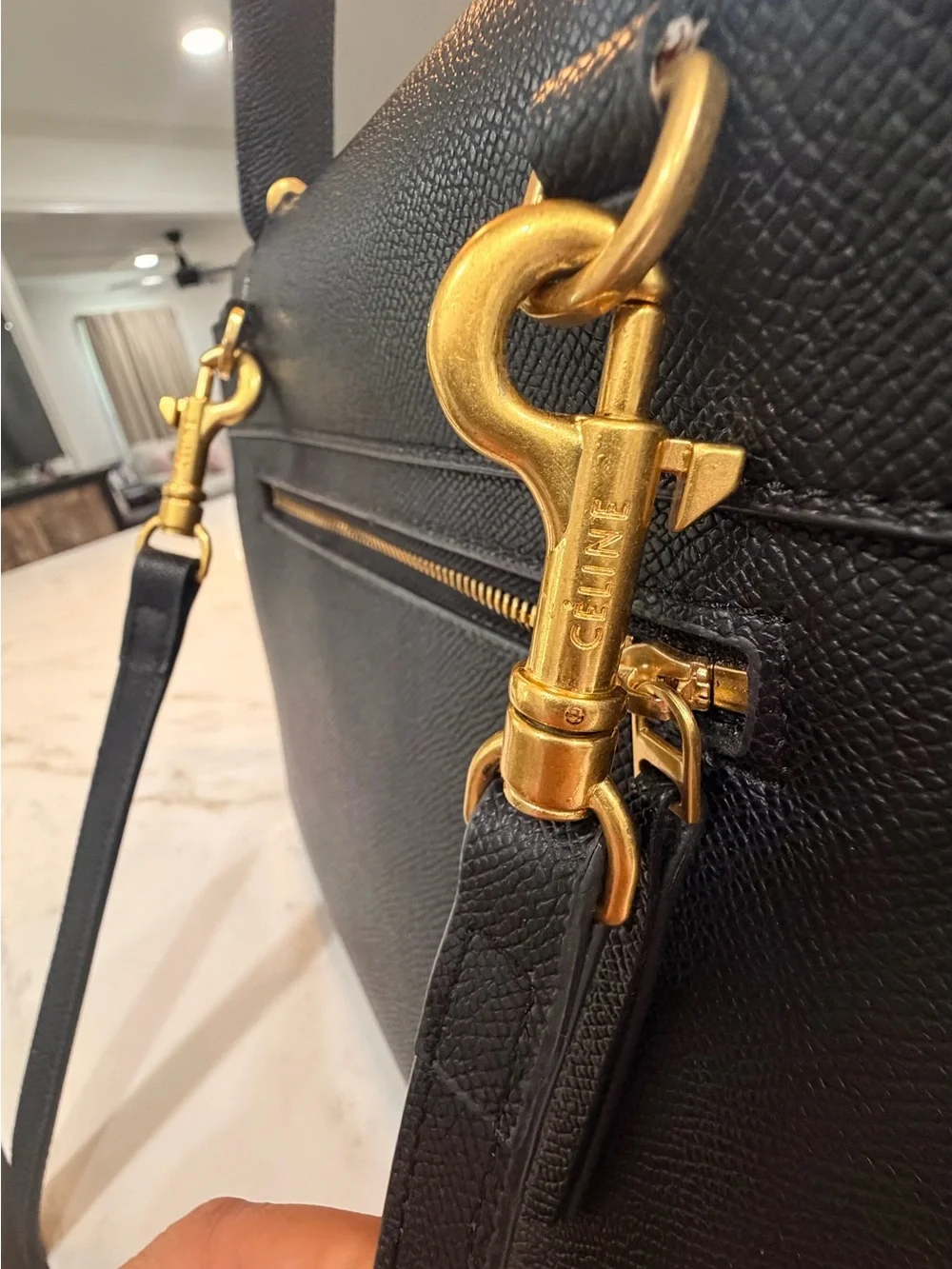Celine Black Leather Satchel with Gold Logo